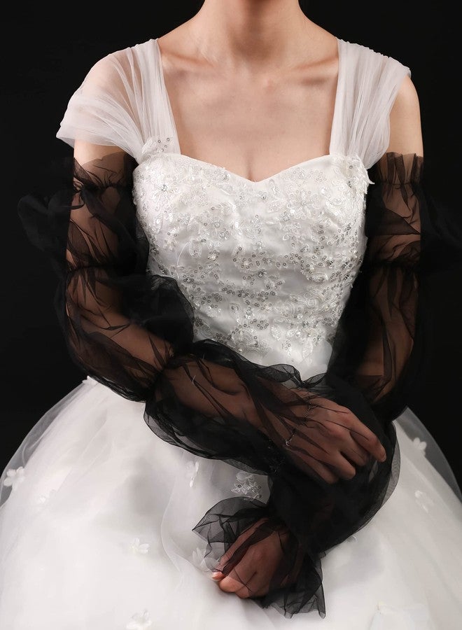 QRBTSCL Women's Long Tulle Gloves Lace Semi Sheer Ruffle Sleeves Fingerless Gloves Sunscreen Dress Costume Accessory Black - Image 4
